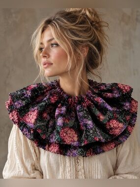 Vintage ruffle detachable statement collar floral velvet